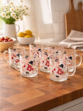 Crate & Barrel Snowman Glass Mugs Set of 6 | Holiday Winter Coffee Cups
